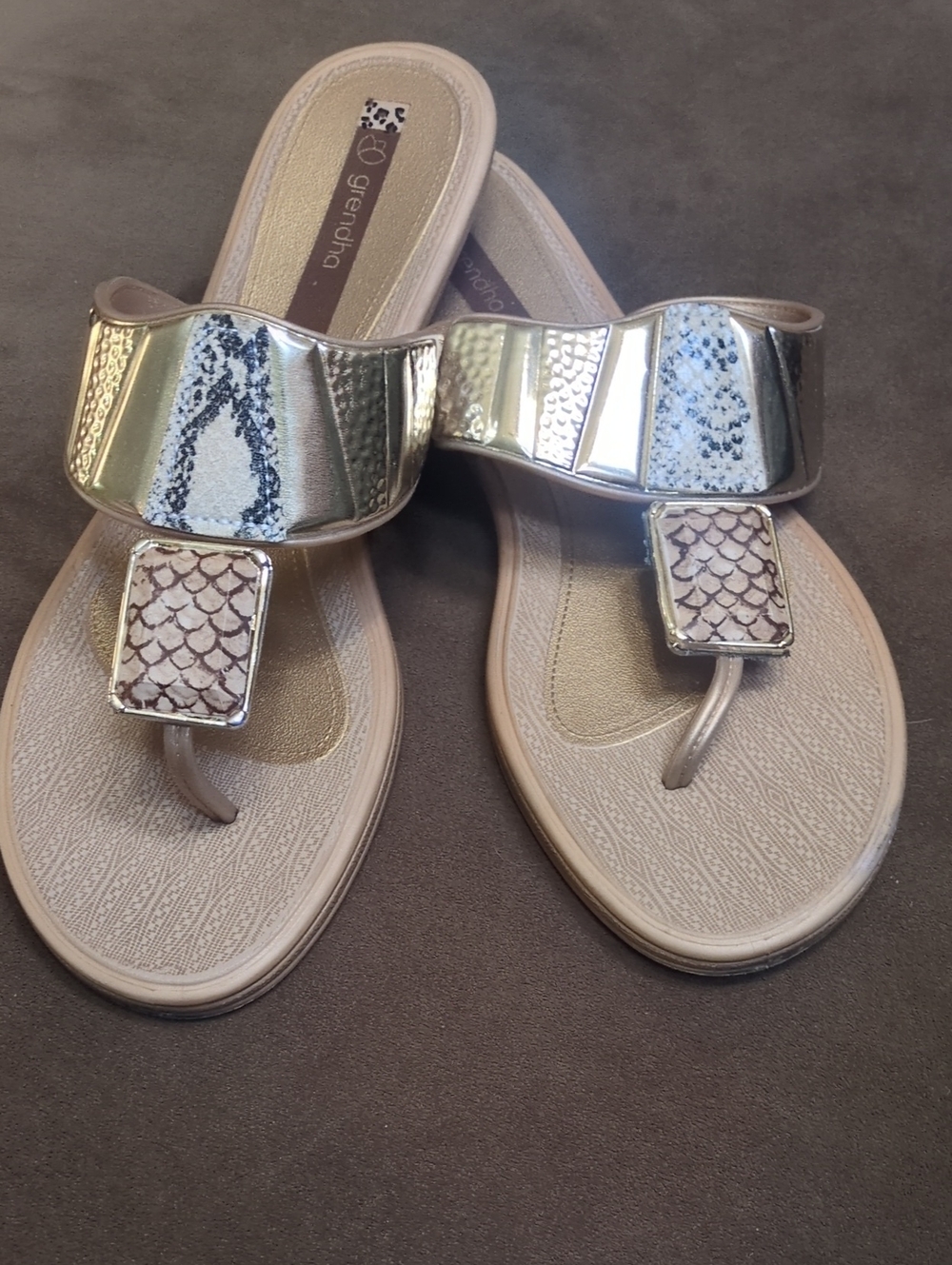 Grendha Metallic Gold Toe-Post Sandal in Champagne